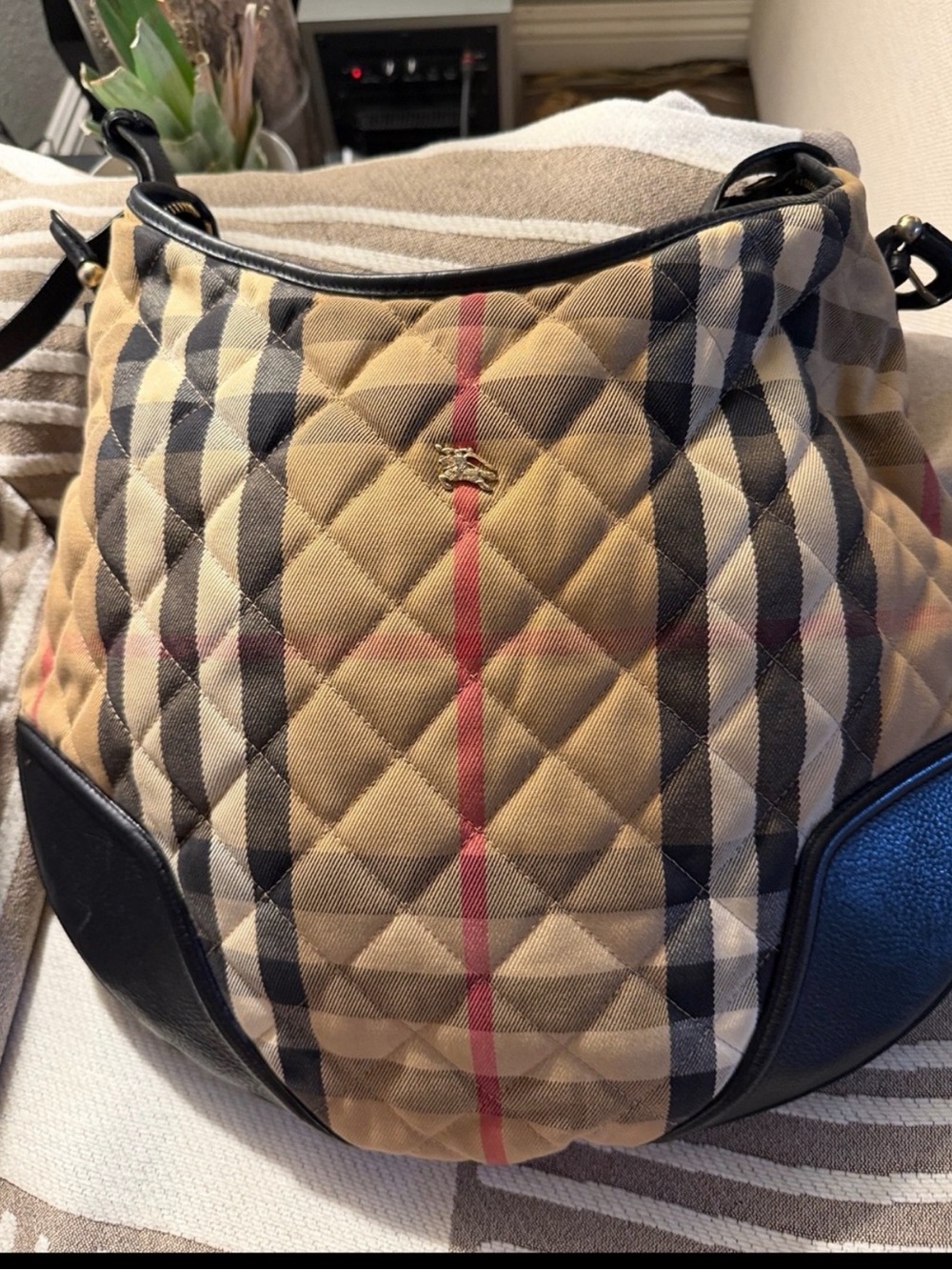 Burberry Quilted Check Hobo in Beige, Black and Red Accent